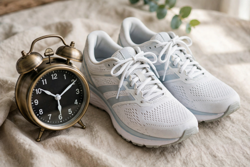 Alarm clock next to running sneakers