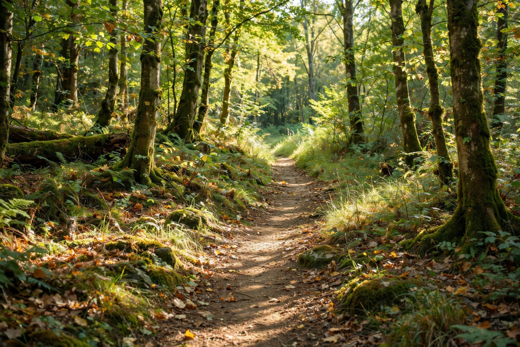 Sunlit forest walking path