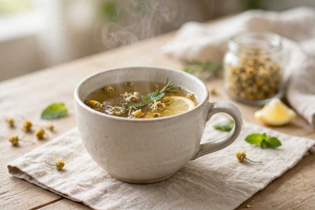 Steaming cup of herbal tea