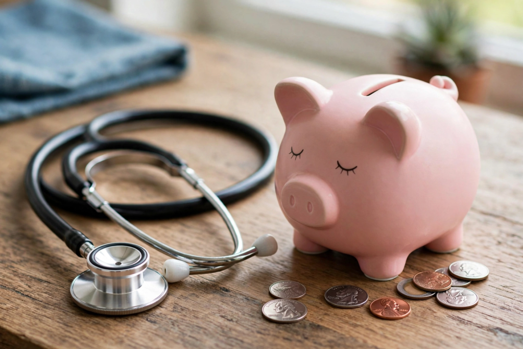 Stethoscope with piggy bank and coins