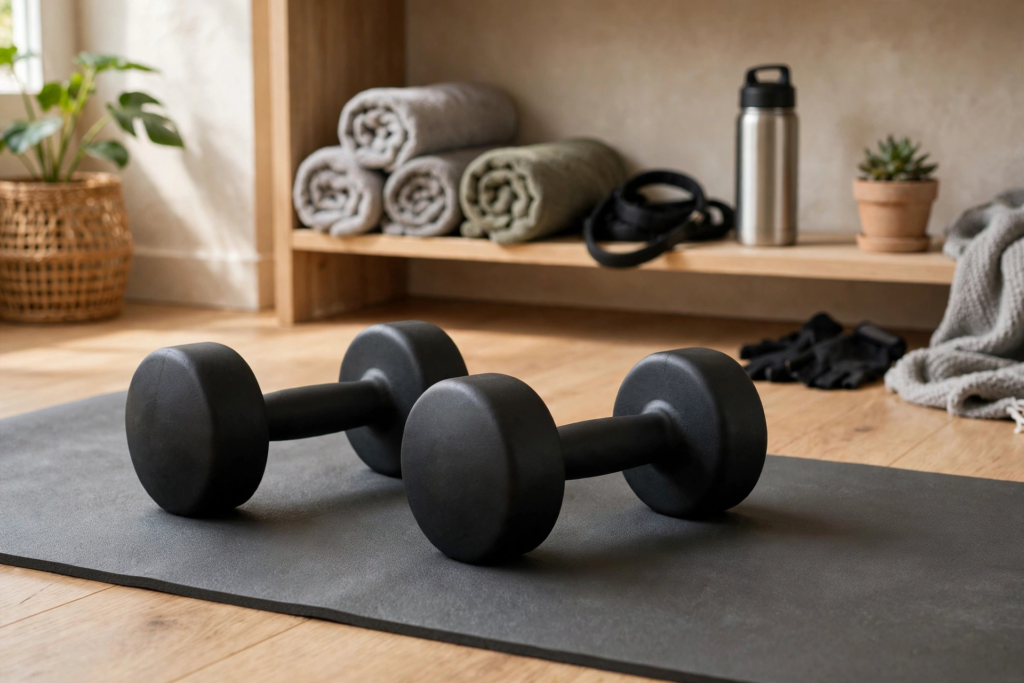 Pair of dumbbells on an exercise mat