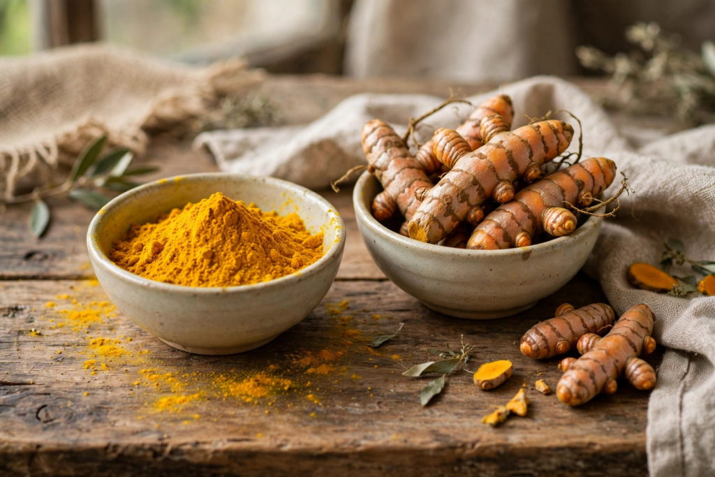 Turmeric powder and fresh roots