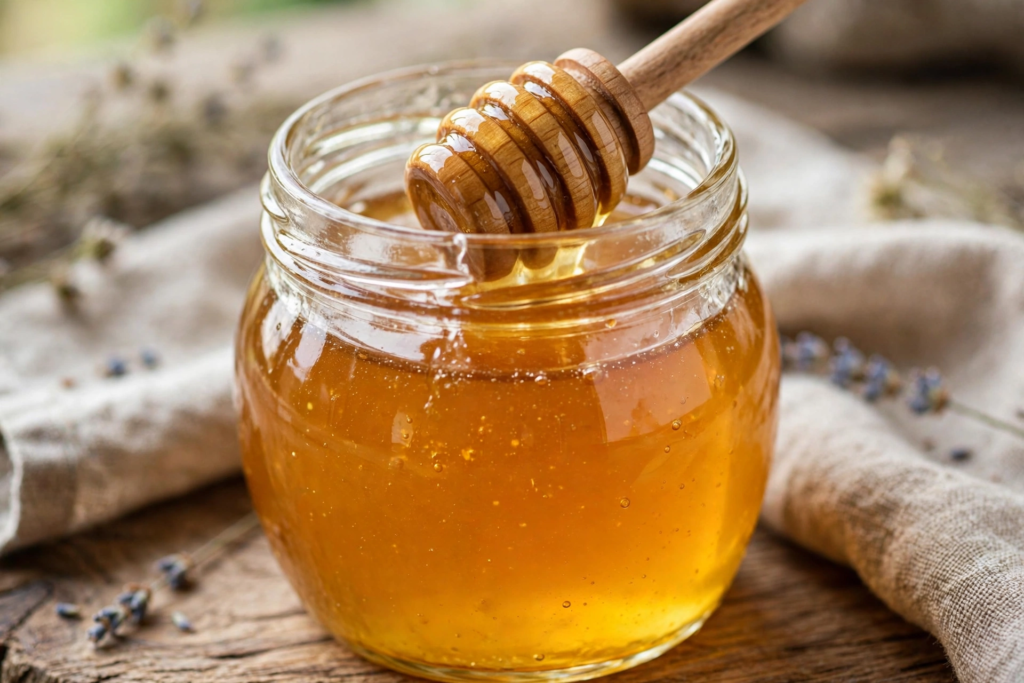 Glass jar of golden honey with a wooden dipper