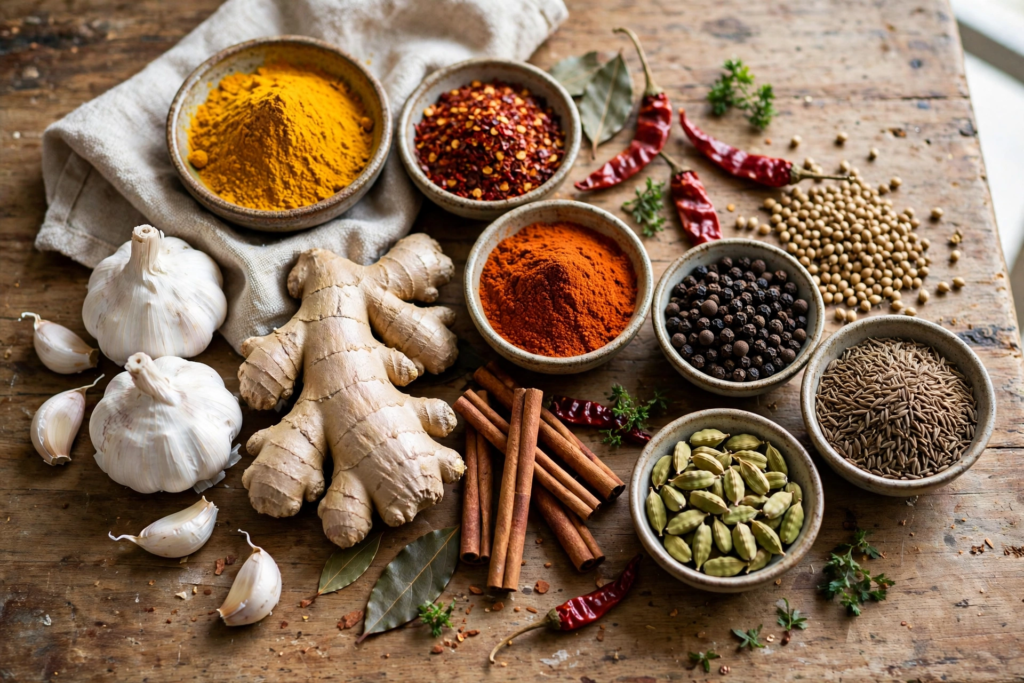 Garlic, ginger and colorful kitchen spices