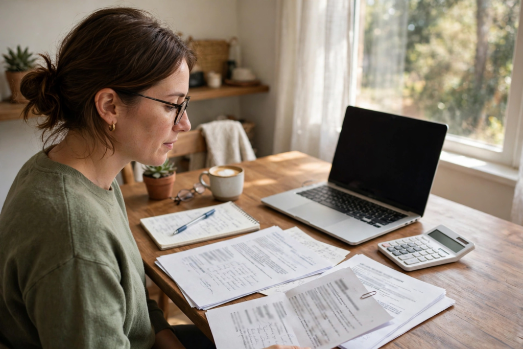 Person reviewing health insurance documents with a laptop and calculator