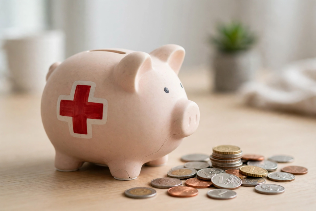 Piggy bank with a medical cross and coins