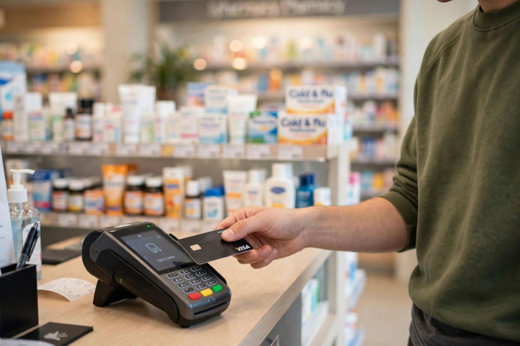 Paying by card at a pharmacy counter