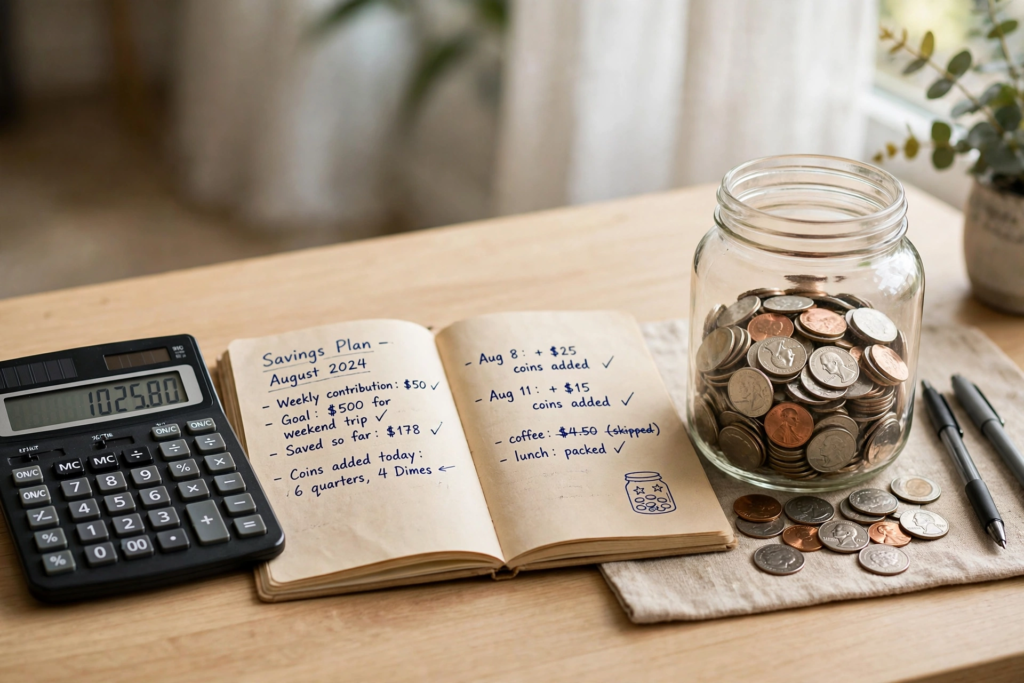 Calculator, notebook and a jar of savings on a desk