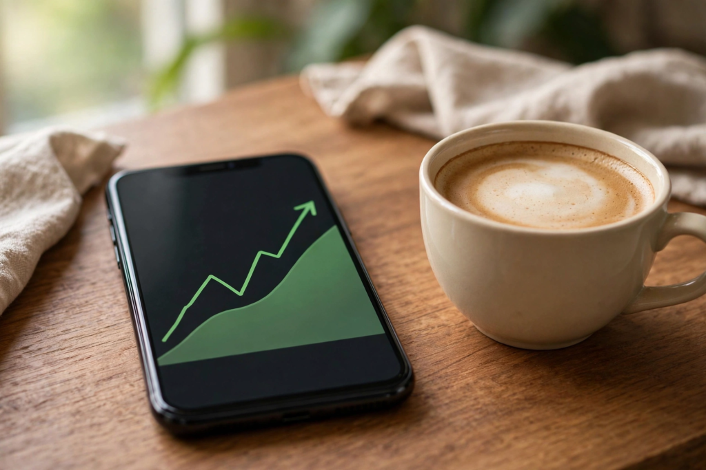 Smartphone showing a rising investment chart