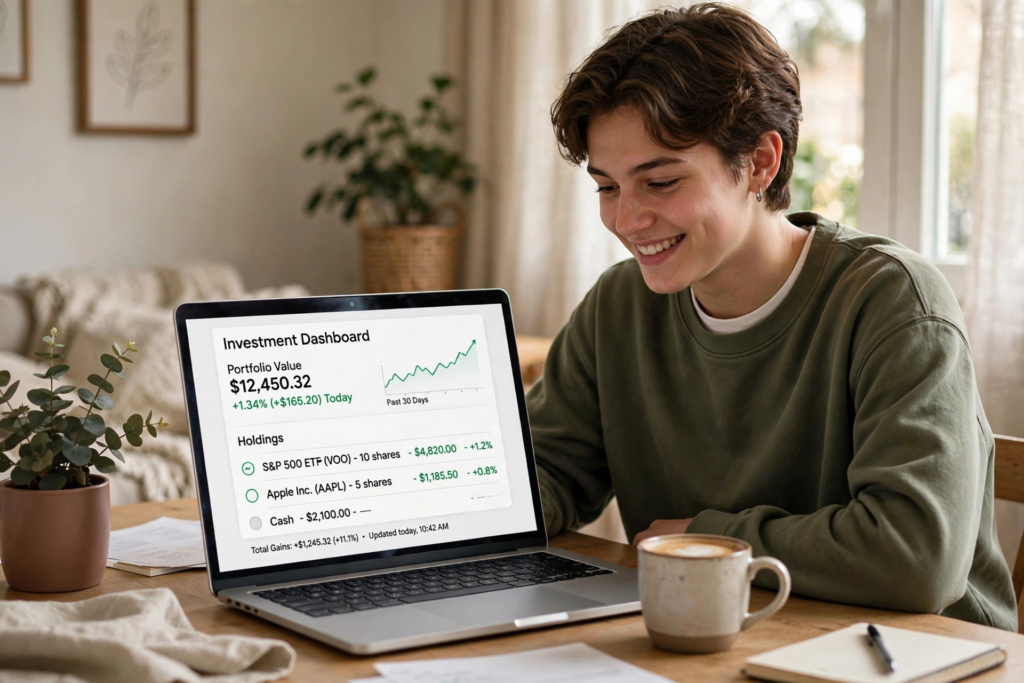 Person investing online from a laptop at home